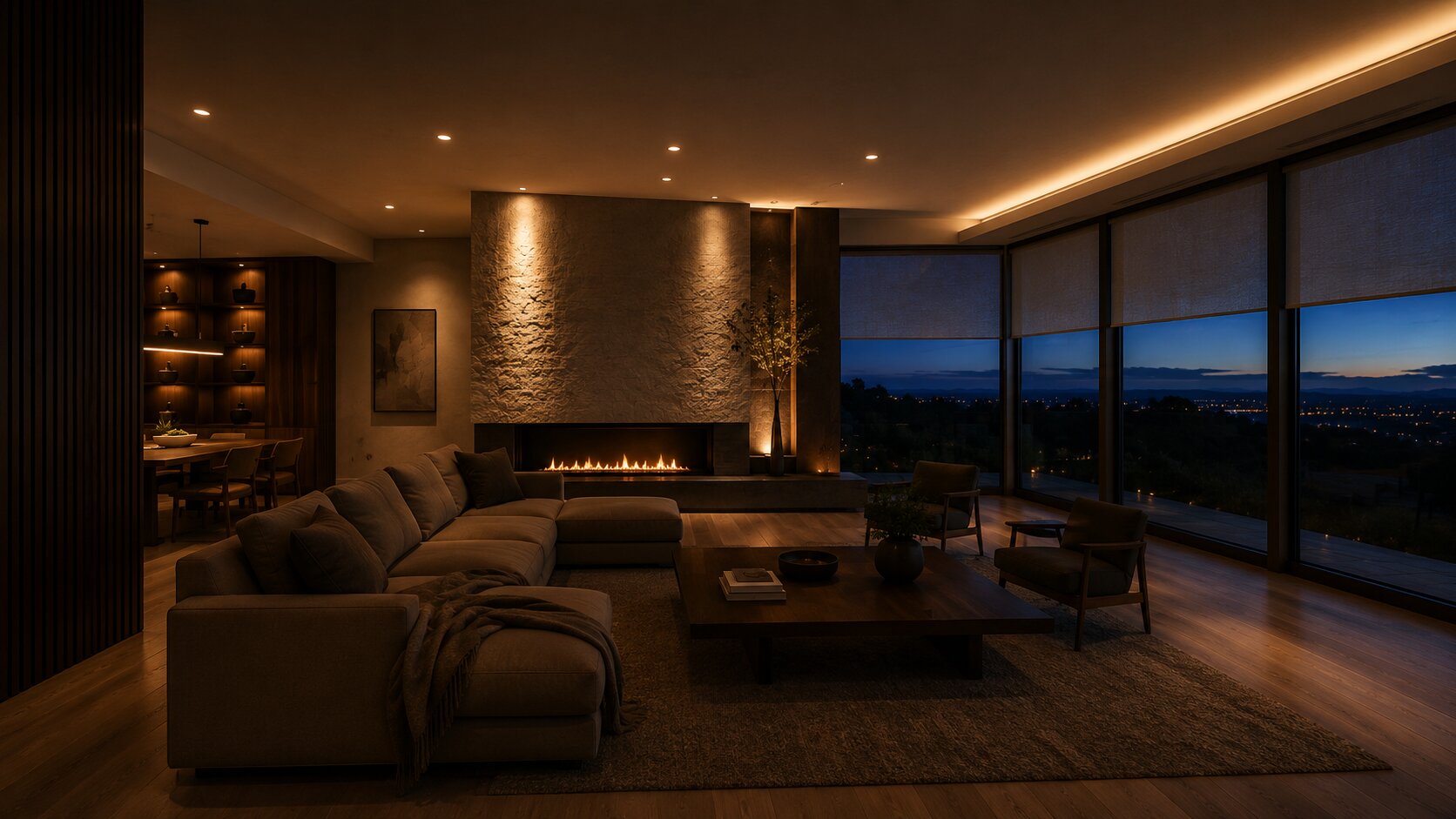 A modern home interior at dusk showing layered architectural lighting — warm recessed downlights, accent uplighting on a textured wall, and motorized shades partially drawn against a twilight window
