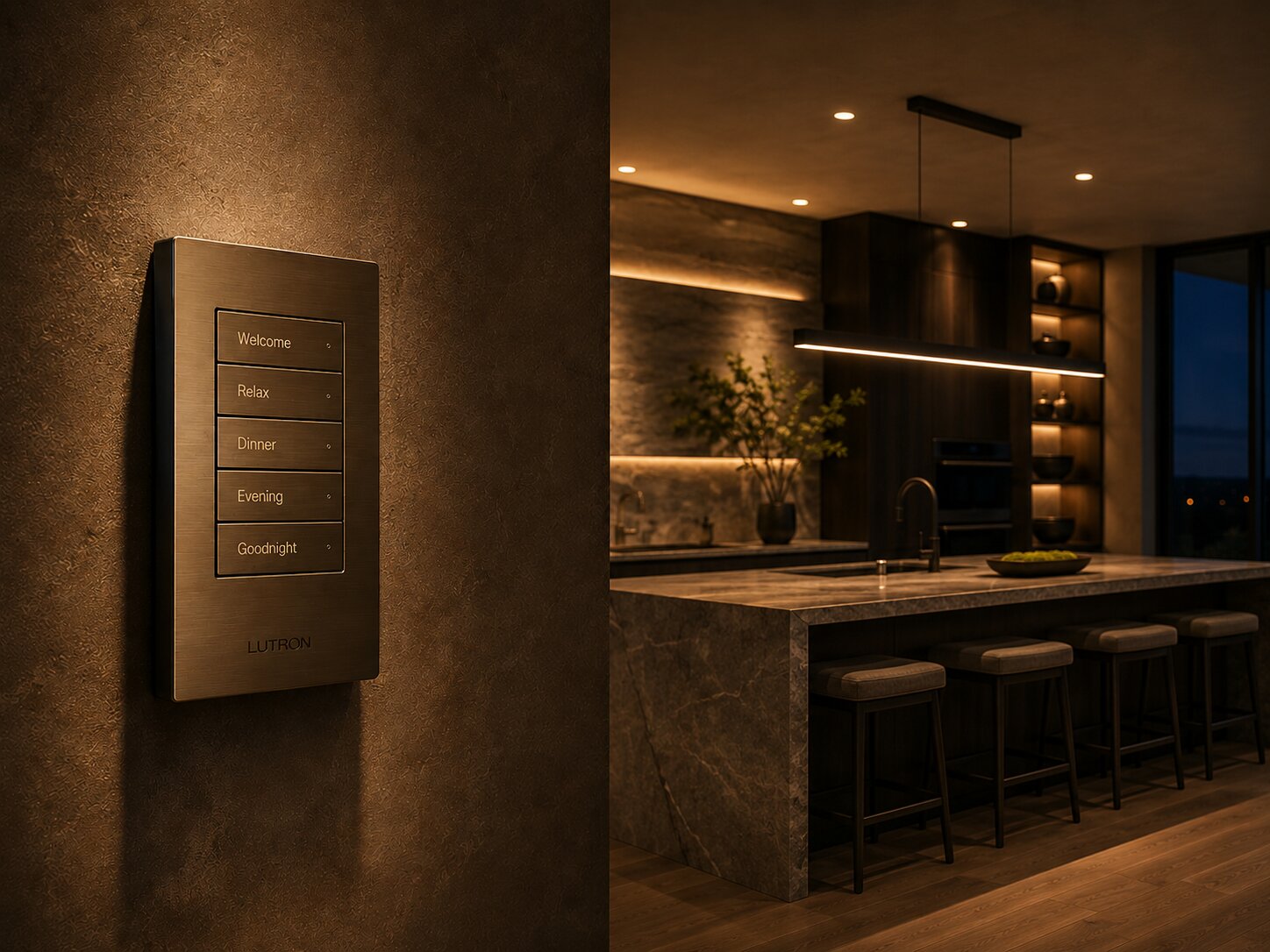 Architectural detail of a Lutron keypad on a polished interior wall with warm layered lighting in the background